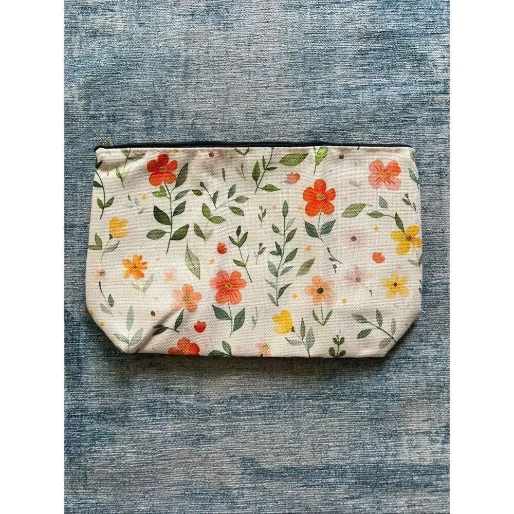 Orange Yellow Flower Cotton Canvas Small Makeup Bag Travel Toiletry Pouch
